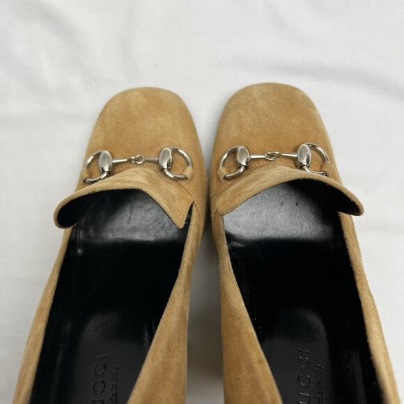 Gucci Camelia Suede Leather Beige Horse bit Block Heel Pumps Size 36.5 US 5.5 - Picture 4 of 11
